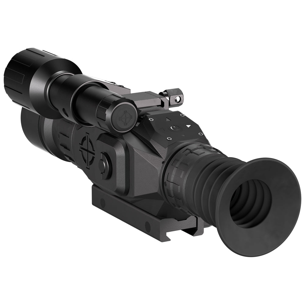 Angled view of Wraith 4K riflescope displaying objective lens and picatinny rail mount