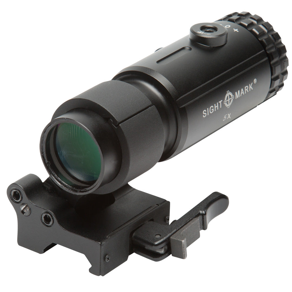 T-5 magnifier positioned behind red dot sight showing co-witness alignment and 5X magnification