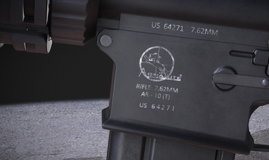 A close-up image shows the lower receiver of an Armalite AR-10 rifle, chambered in 7.62mm.