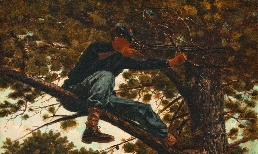 a painting of a Civil War Union soldier perched in a tree, aiming a rifle with a long scope. 