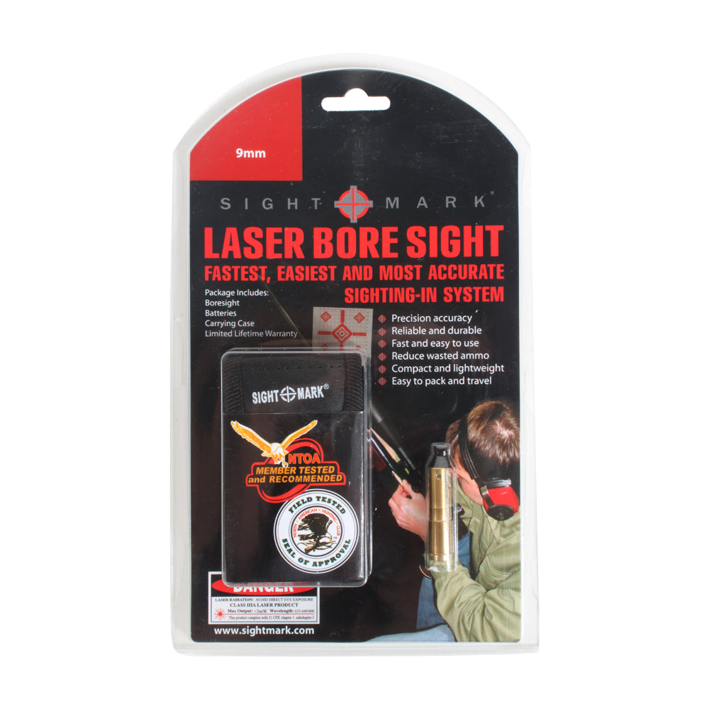 9mm Luger boresight complete kit with carrying case, batteries, and instruction manual for pistol zeroing
