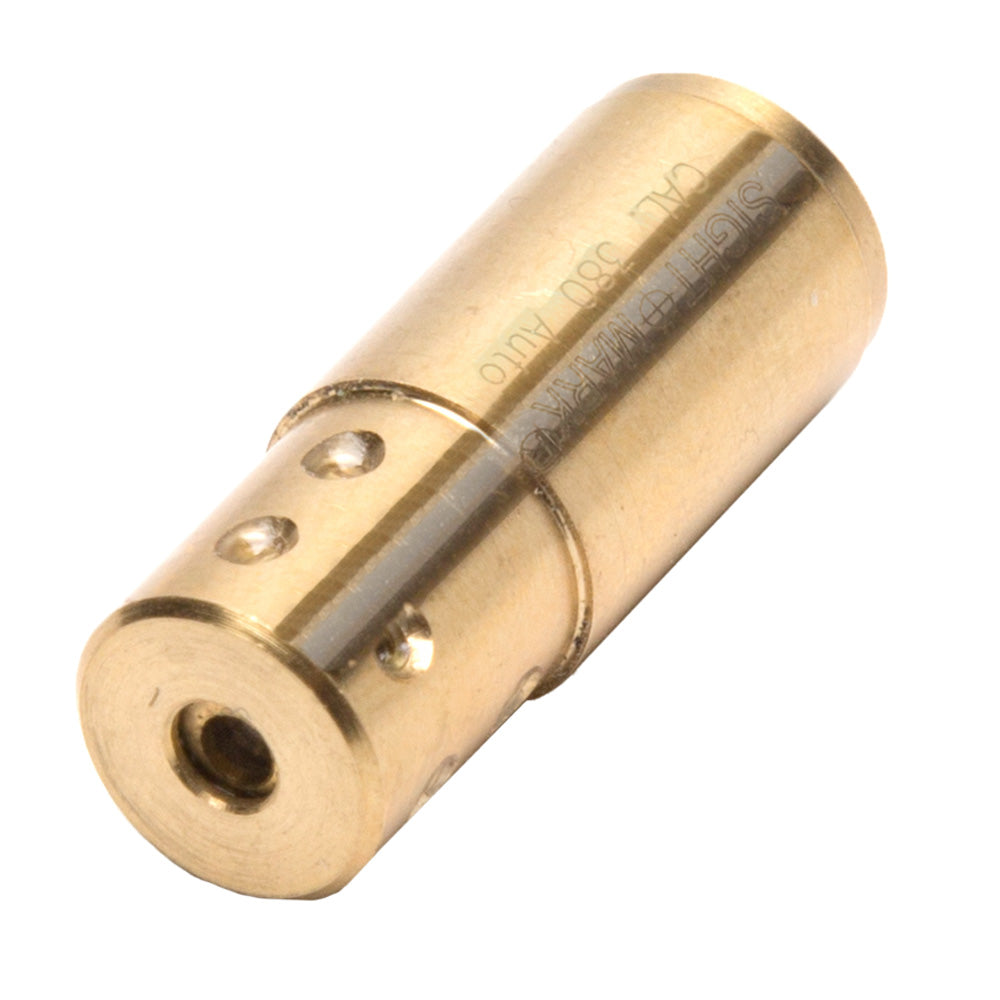 Angled view of .380 ACP pistol boresight displaying durable brass construction and precision machining
