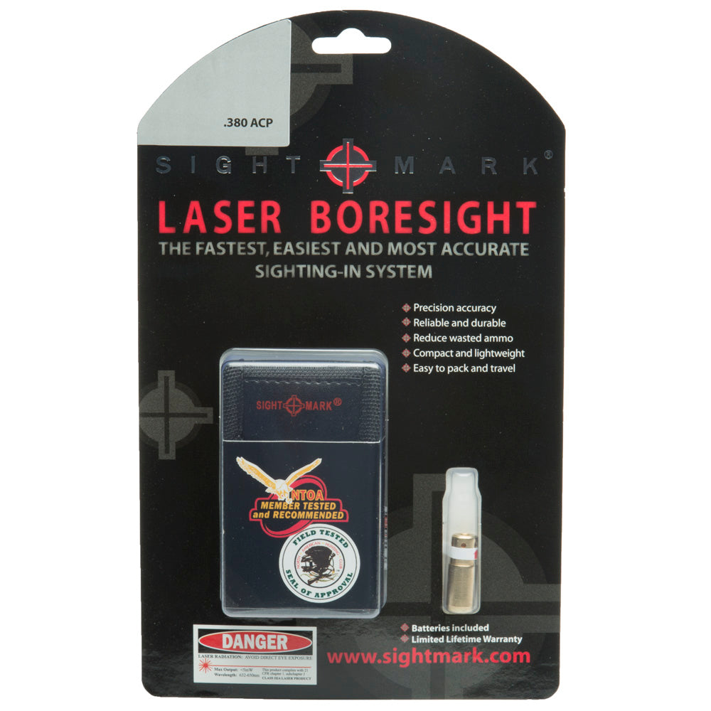 .380 ACP pistol boresight complete kit with carrying case, AG5 batteries, and instruction manual
