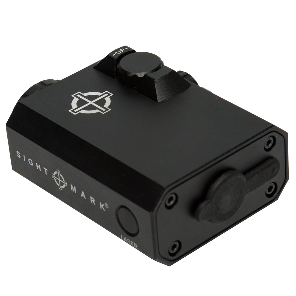 Angled view of LoPro Green Laser sight displaying picatinny mount and laser aperture
