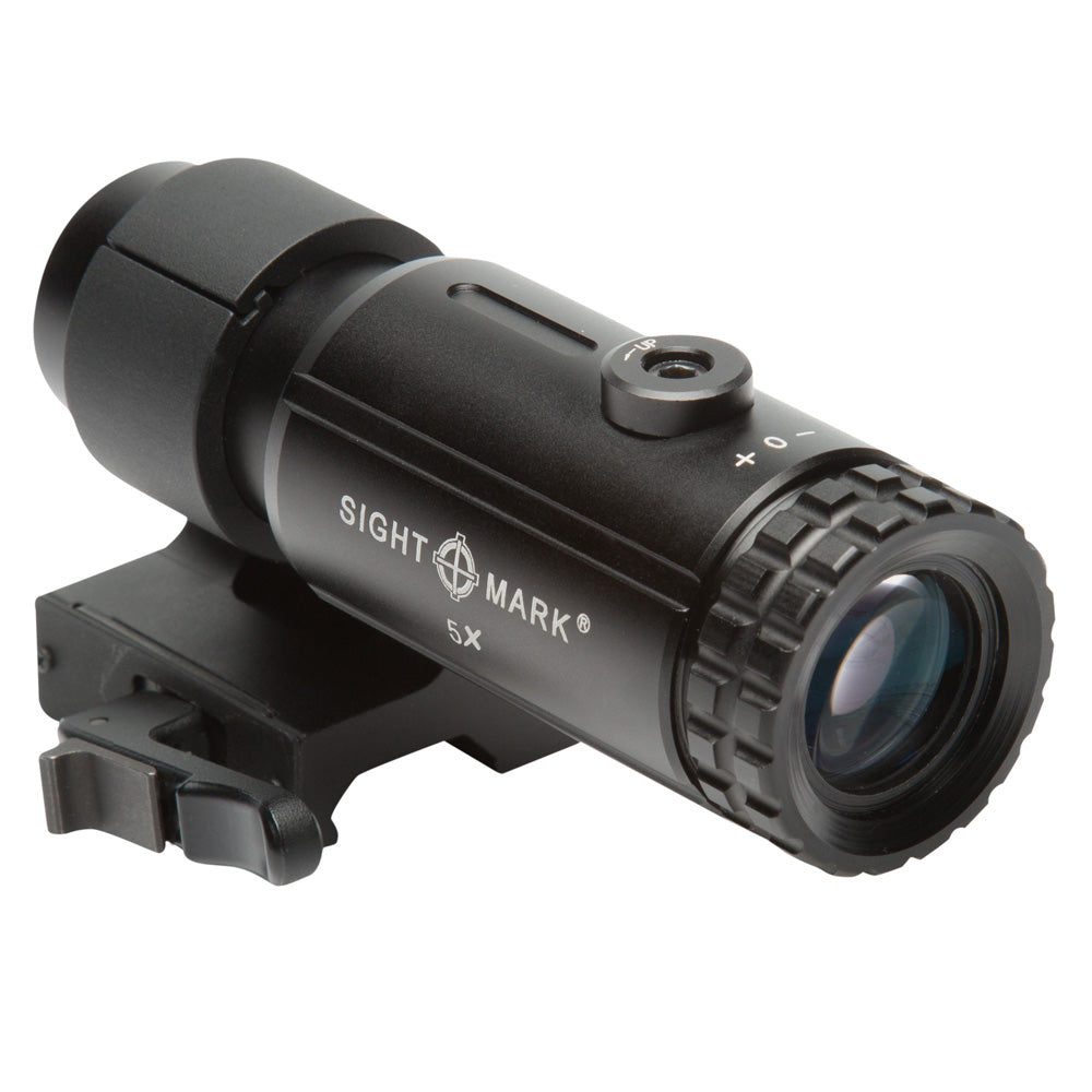 Sightmark T-5 5X magnifier with flip-to-side LQD mount for instant magnification switching
